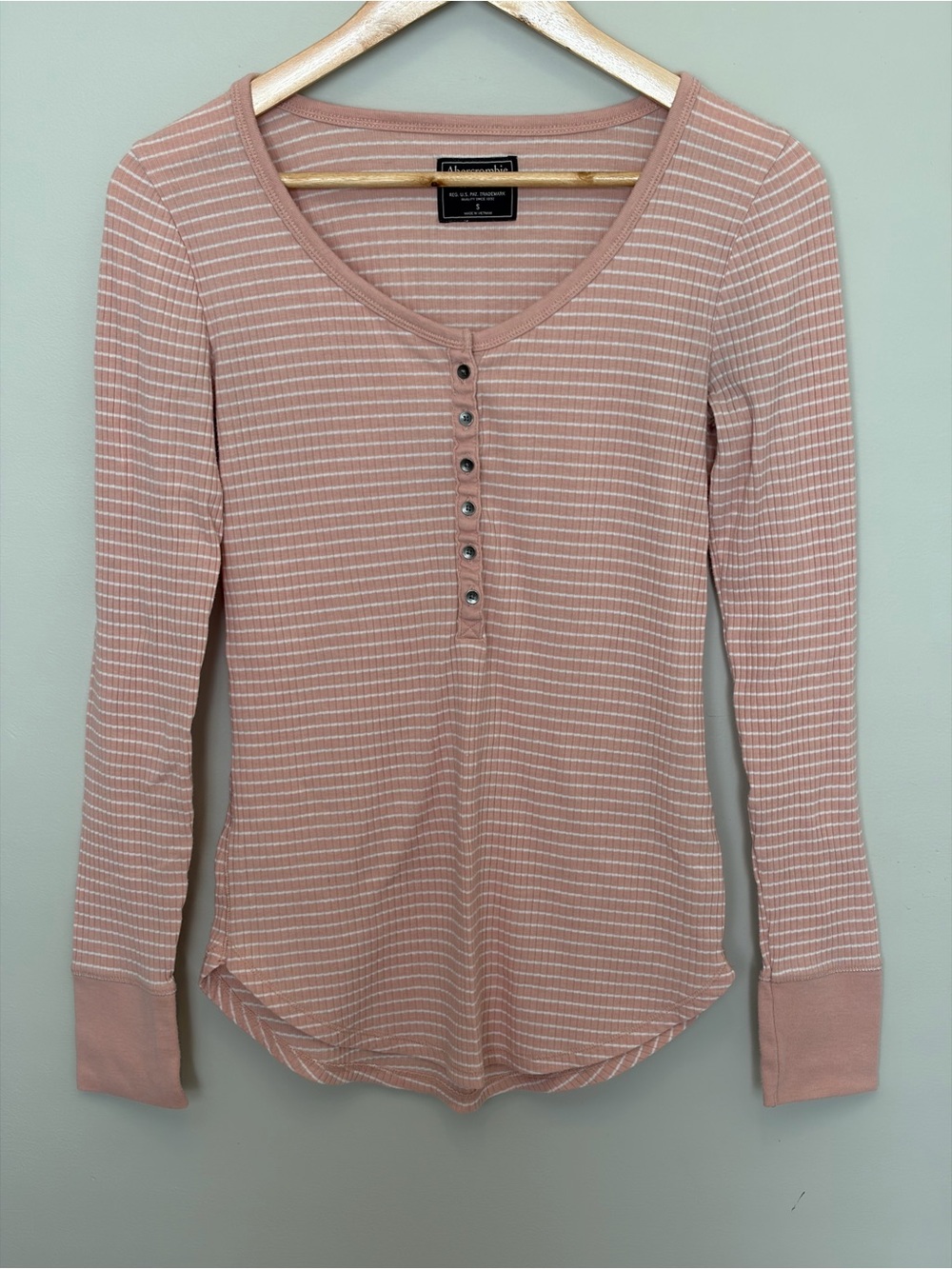 Abercrombie & Fitch Pink Striped Henley Long Sleeve Top